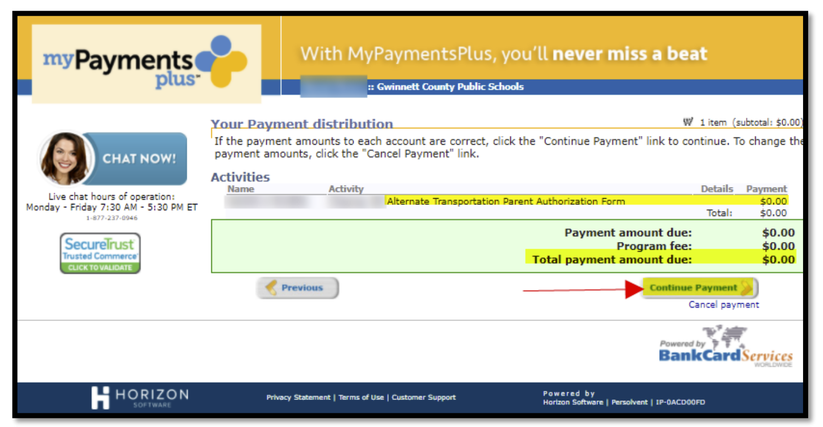 Continue Payment screen